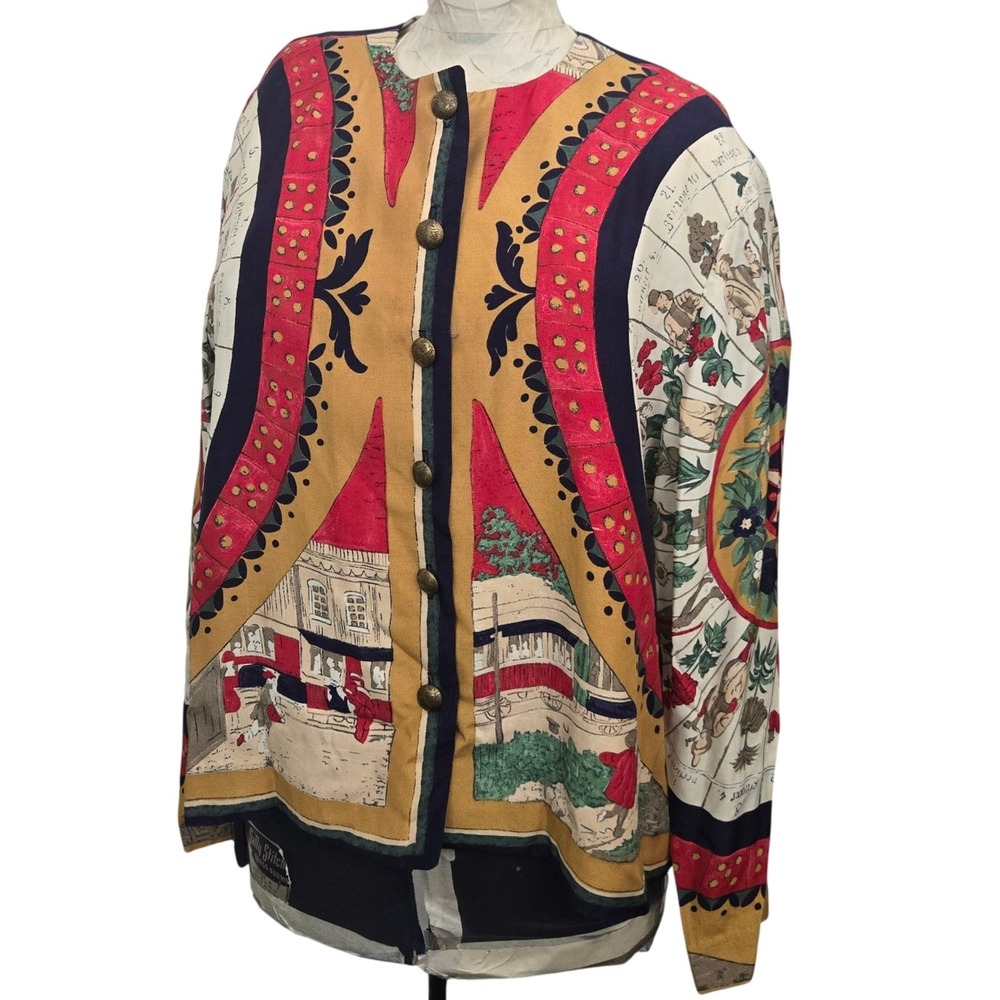 VTG Petrina Jacket Art to Wear Folk‎ Art Calendar German Print Gold Buttons USA